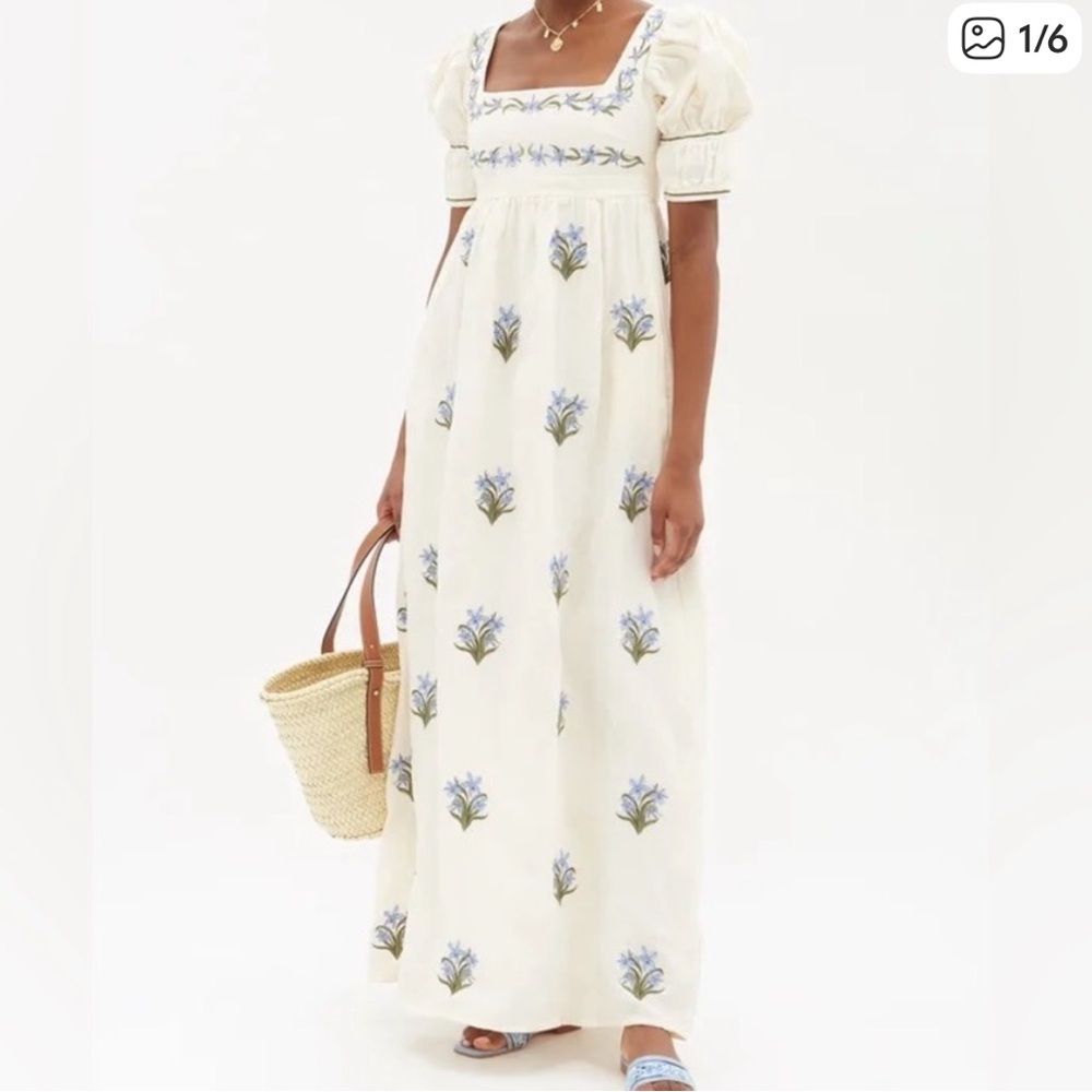 Agua Bendita Cream Maxi Dress with Blue Floral Design